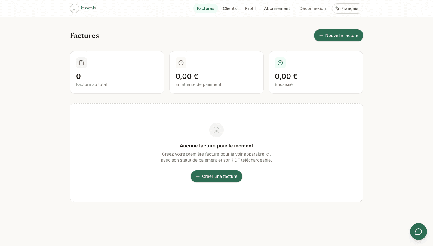 Invomly's invoices dashboard, showing invoice totals and a Nouvelle facture (new invoice) action
